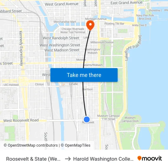 Roosevelt & State (West) to Harold Washington College map