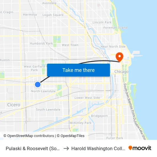 Pulaski & Roosevelt (South) to Harold Washington College map