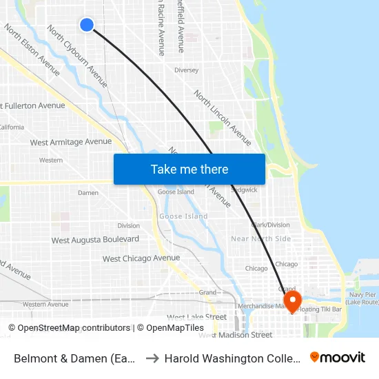 Belmont & Damen (East) to Harold Washington College map