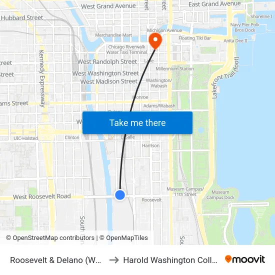 Roosevelt & Delano (West) to Harold Washington College map