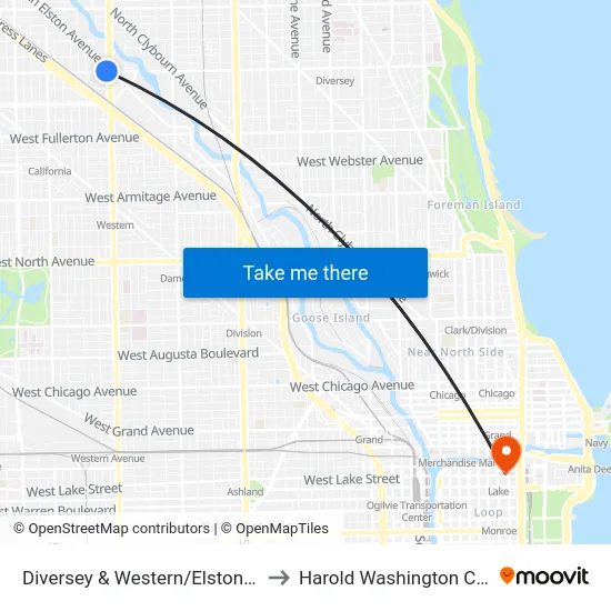 Diversey & Western/Elston (West) to Harold Washington College map