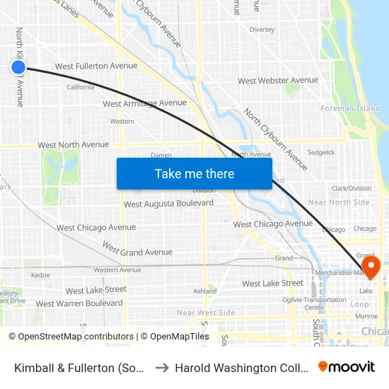 Kimball & Fullerton (South) to Harold Washington College map