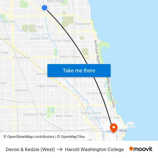 Devon & Kedzie (West) to Harold Washington College map