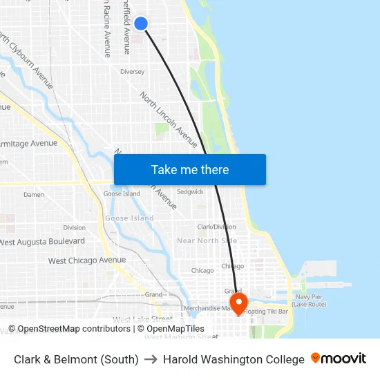 Clark & Belmont (South) to Harold Washington College map