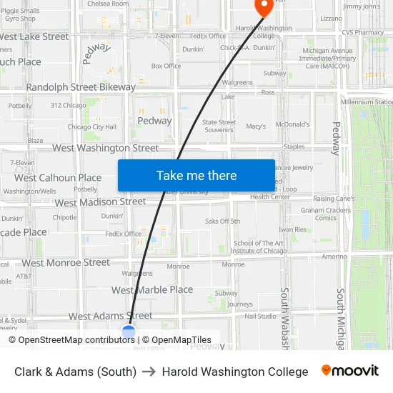 Clark & Adams (South) to Harold Washington College map