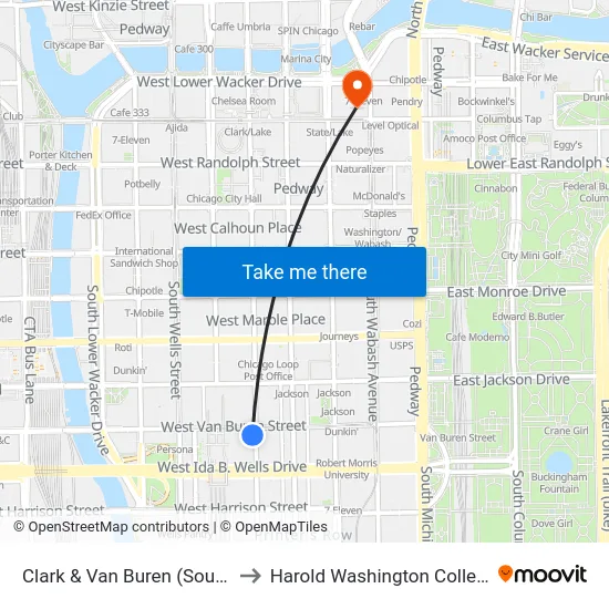 Clark & Van Buren (South) to Harold Washington College map