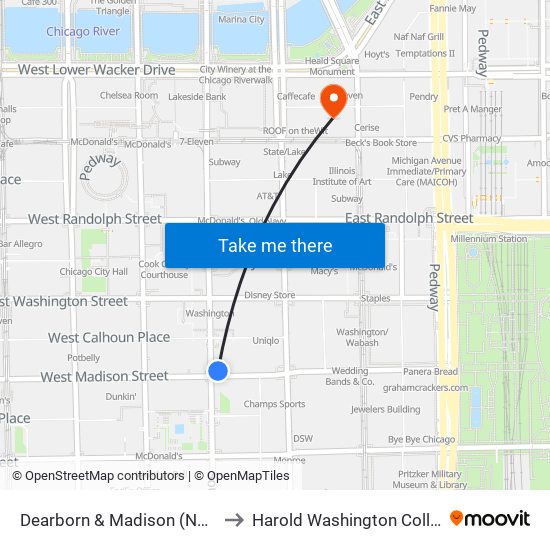 Dearborn & Madison (North) to Harold Washington College map