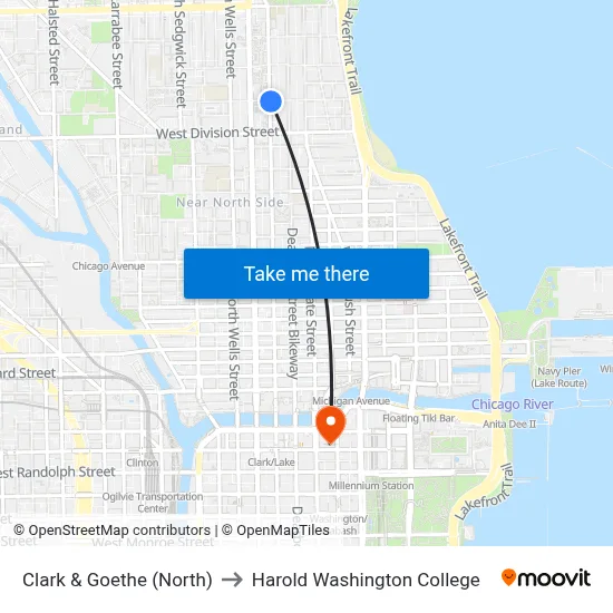 Clark & Goethe (North) to Harold Washington College map