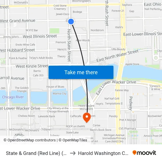 State & Grand (Red Line) (North) to Harold Washington College map