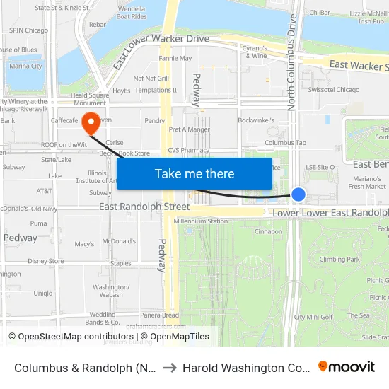 Columbus & Randolph (North) to Harold Washington College map