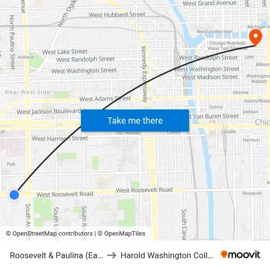 Roosevelt & Paulina (East) to Harold Washington College map