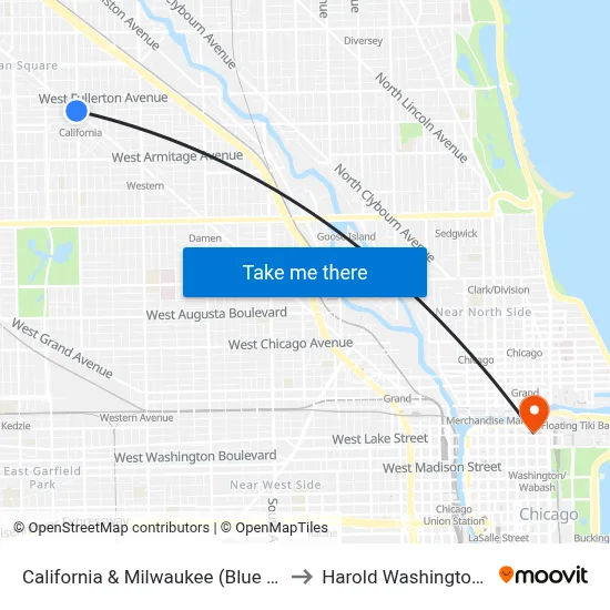California & Milwaukee (Blue Line) (South) to Harold Washington College map