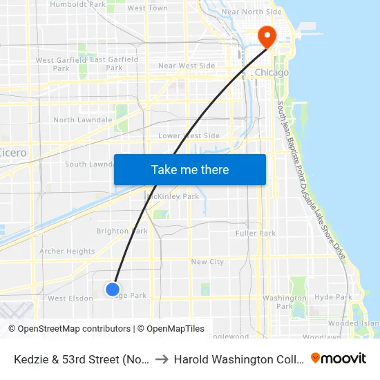 Kedzie & 53rd Street (North) to Harold Washington College map