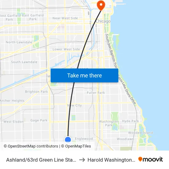 Ashland/63rd Green Line Station (West) to Harold Washington College map