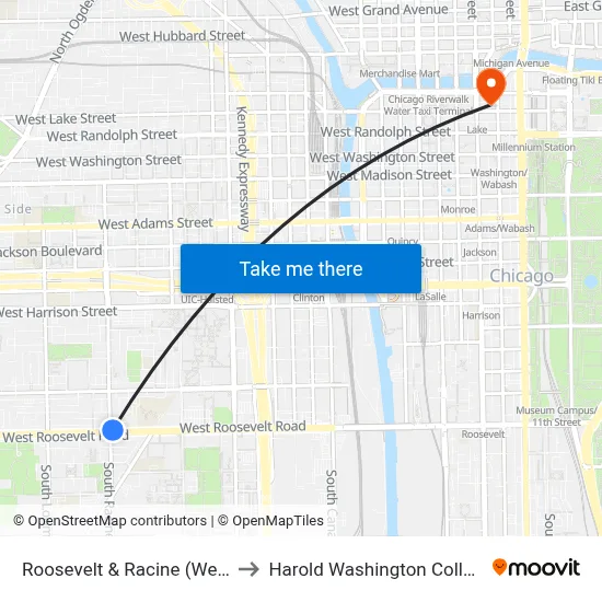 Roosevelt & Racine (West) to Harold Washington College map