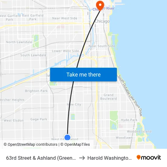 63rd Street & Ashland (Green Line) (East) to Harold Washington College map