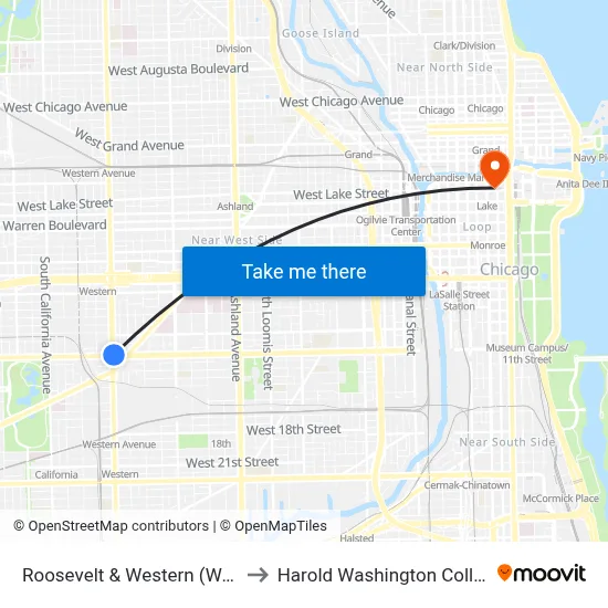 Roosevelt & Western (West) to Harold Washington College map