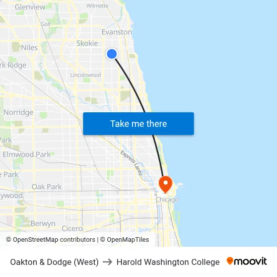 Oakton & Dodge (West) to Harold Washington College map