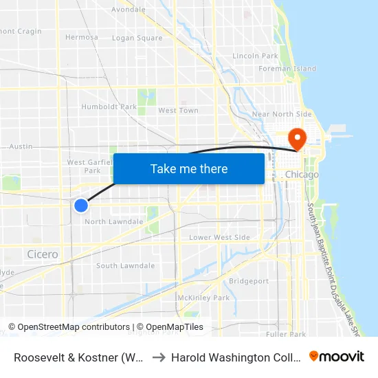 Roosevelt & Kostner (West) to Harold Washington College map