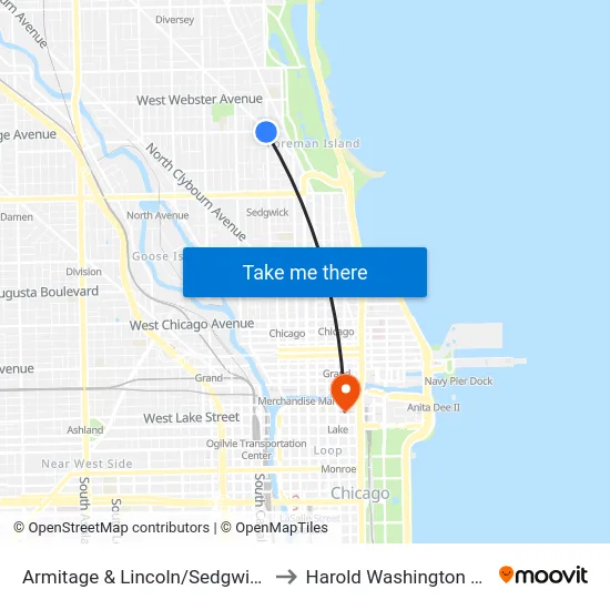 Armitage & Lincoln/Sedgwick (East) to Harold Washington College map