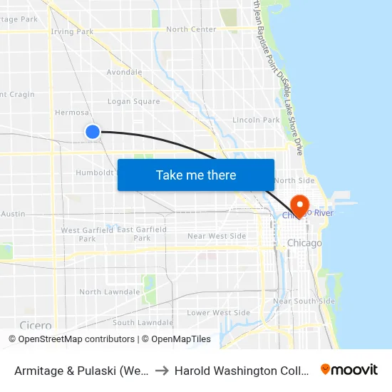 Armitage & Pulaski (West) to Harold Washington College map