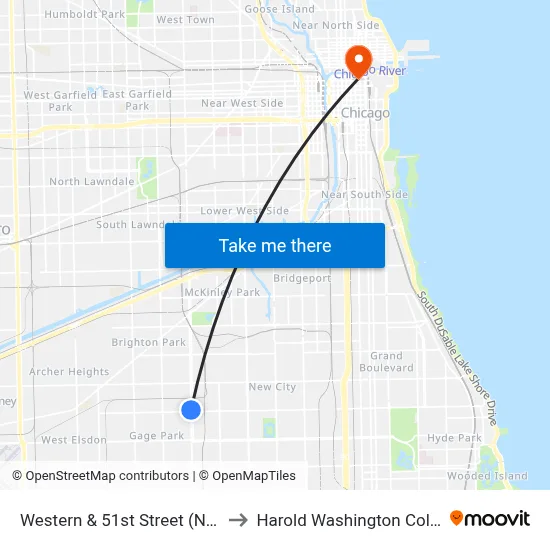 Western & 51st Street (North) to Harold Washington College map