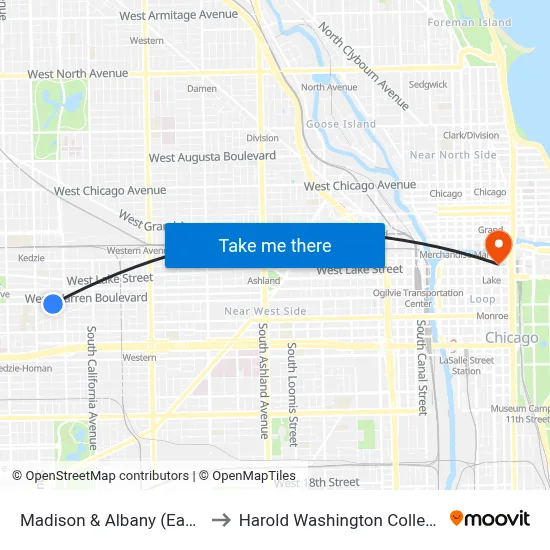 Madison & Albany (East) to Harold Washington College map