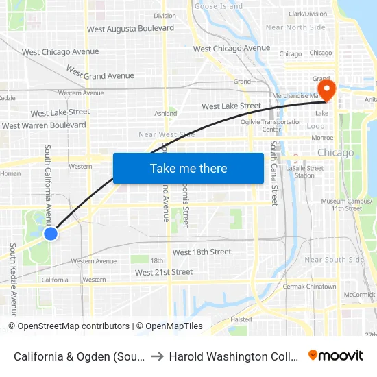 California & Ogden (South) to Harold Washington College map
