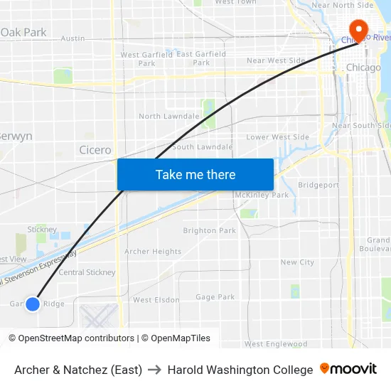 Archer & Natchez (East) to Harold Washington College map