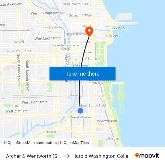 Archer & Wentworth (Sw) to Harold Washington College map