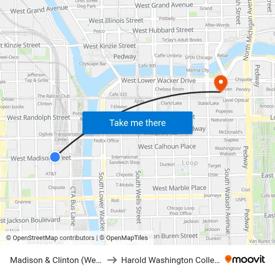 Madison & Clinton (West) to Harold Washington College map