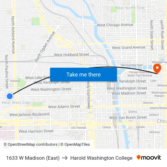1633 W Madison (East) to Harold Washington College map