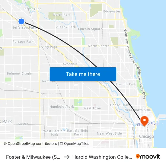 Foster & Milwaukee (Sw) to Harold Washington College map