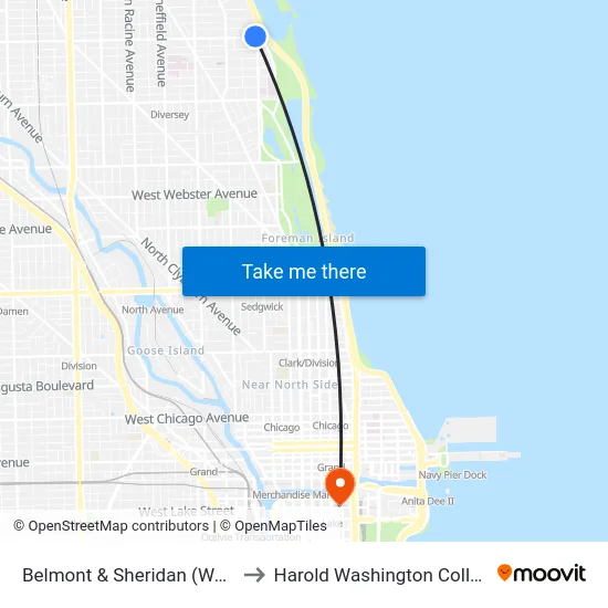 Belmont & Sheridan (West) to Harold Washington College map