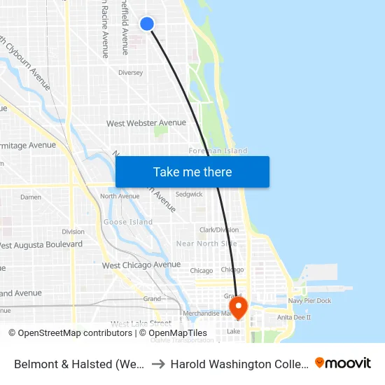 Belmont & Halsted (West) to Harold Washington College map