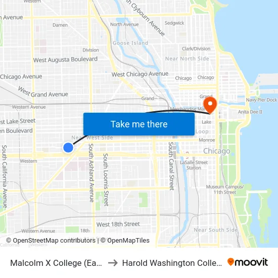 Malcolm X College (East) to Harold Washington College map