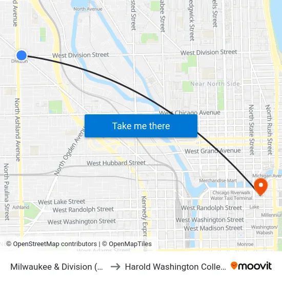 Milwaukee & Division (Se) to Harold Washington College map