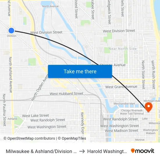 Milwaukee & Ashland/Division (Blue Line) (Nw) to Harold Washington College map