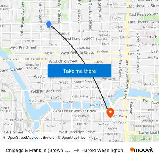 Chicago & Franklin (Brown Line) (East) to Harold Washington College map