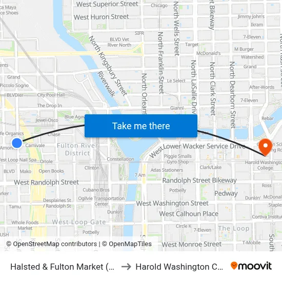 Halsted & Fulton Market (South) to Harold Washington College map