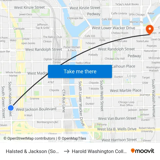 Halsted & Jackson (South) to Harold Washington College map