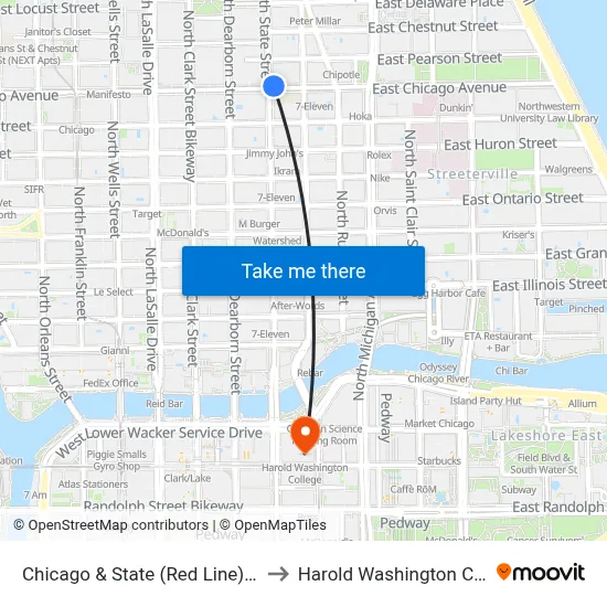 Chicago & State (Red Line) (West) to Harold Washington College map