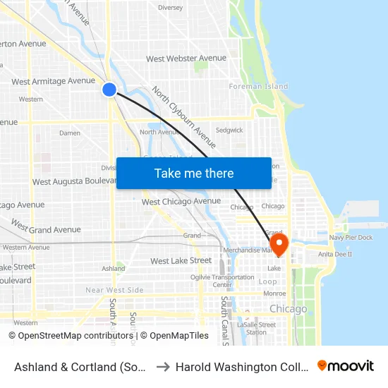 Ashland & Cortland (South) to Harold Washington College map