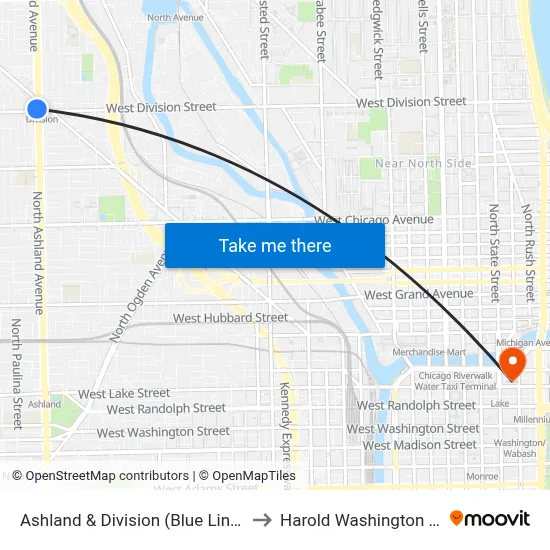 Ashland & Division (Blue Line) (South) to Harold Washington College map