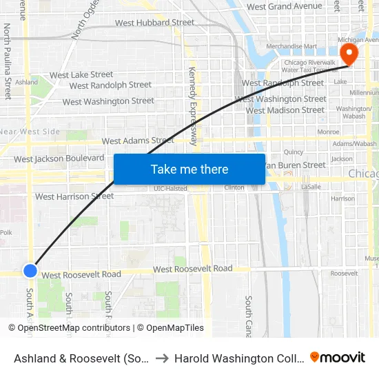 Ashland & Roosevelt (South) to Harold Washington College map