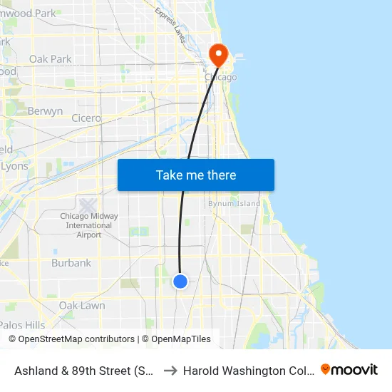Ashland & 89th Street (South) to Harold Washington College map
