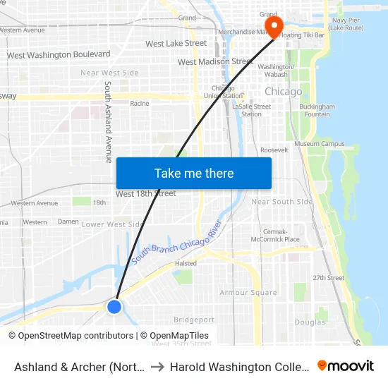 Ashland & Archer (North) to Harold Washington College map
