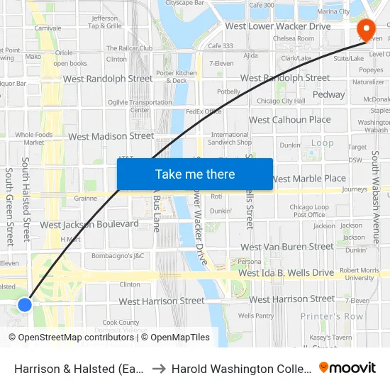 Harrison & Halsted (East) to Harold Washington College map