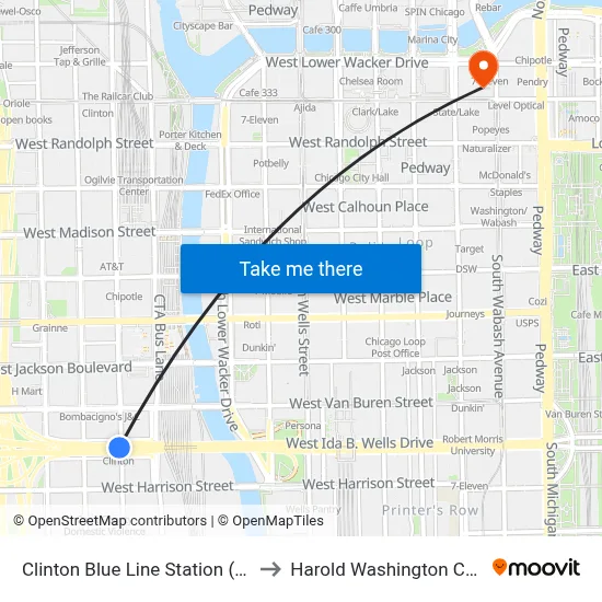 Clinton Blue Line Station (South) to Harold Washington College map