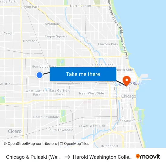 Chicago & Pulaski (West) to Harold Washington College map